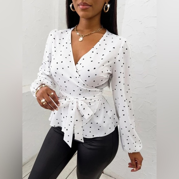 Heart Print Belted Wrap Peplum V-Neck Blouse Long Sleeve Top - Picture 2 of 8